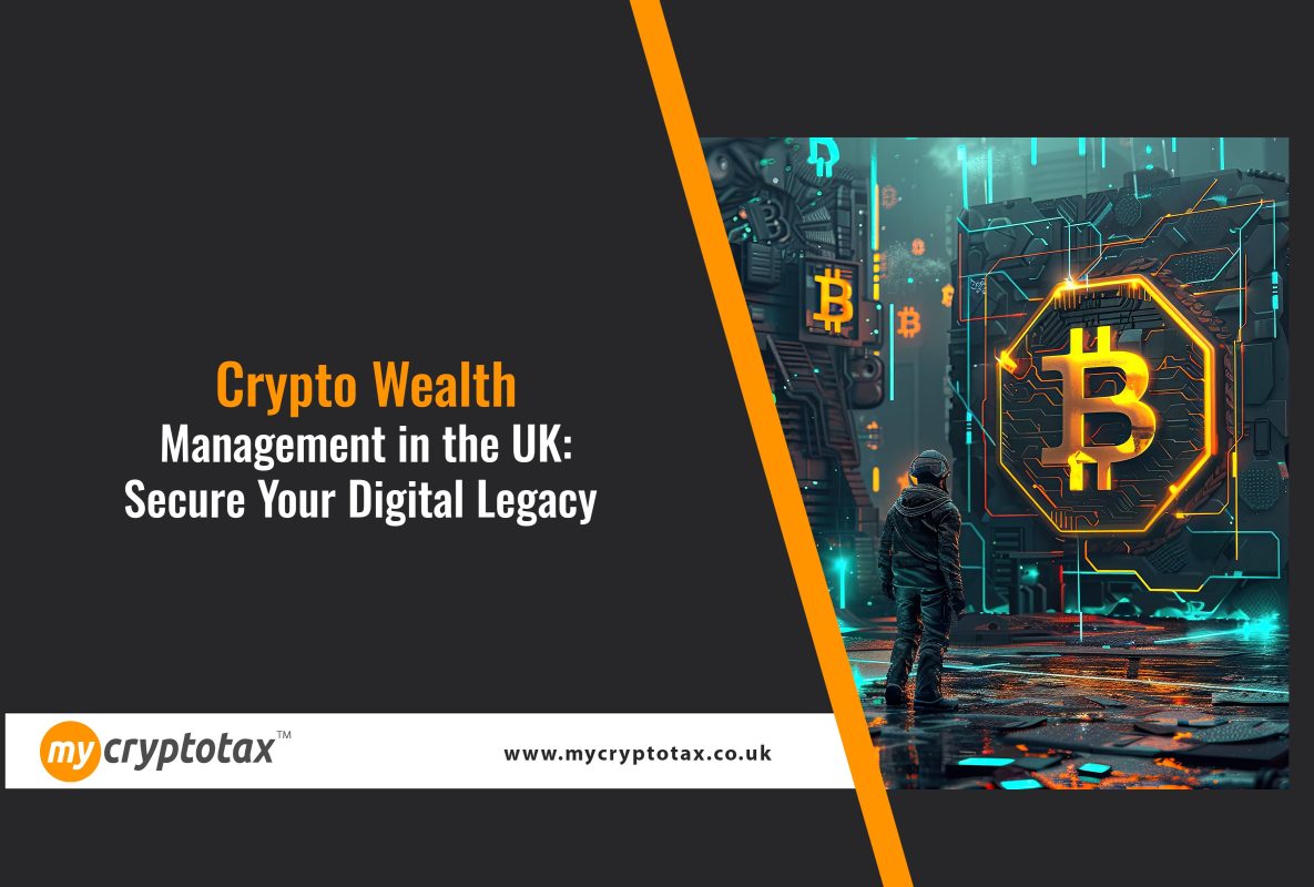 Person standing in front of futuristic digital vault with glowing Bitcoin symbols, representing crypto wealth planning