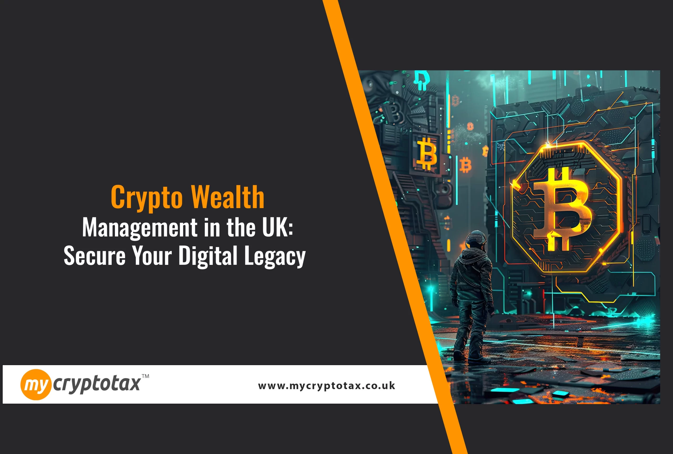 Person standing in front of futuristic digital vault with glowing Bitcoin symbols, representing crypto wealth planning
